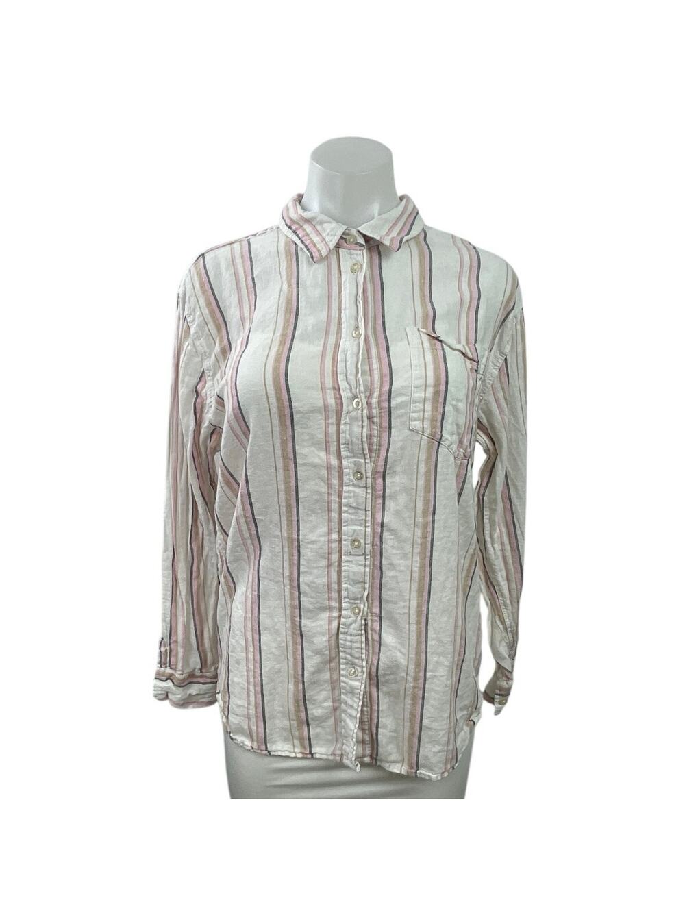 Gap White Pink Striped Linen Long Sleeve Pocket Button Down Shirt Top Size M